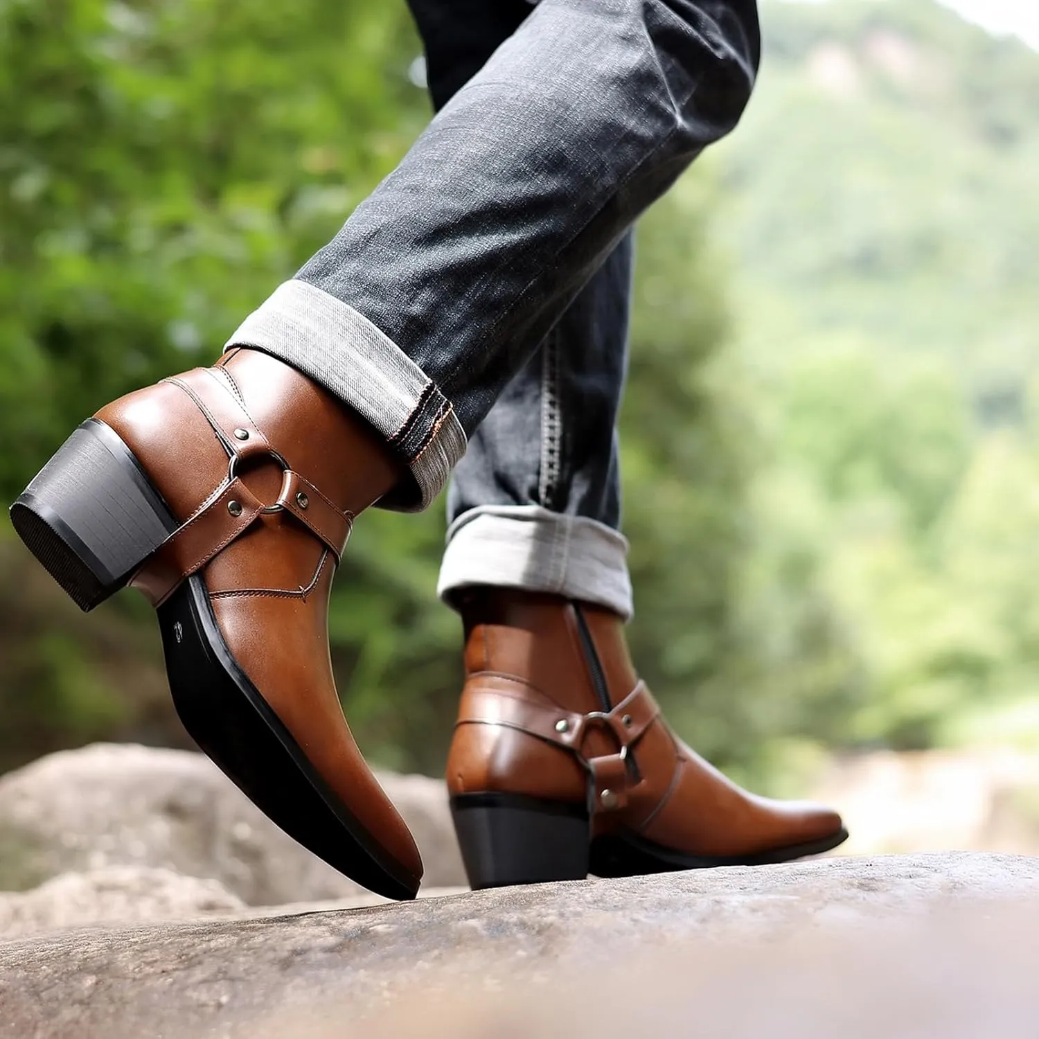 Men's Leather Chunky Heel Dress Chelsea Boots with Three Prong Buckle Fashion Classic Cap Toe Side Zipper High Heel High Top Formal Oxford Shoes Casual Business Wedding Chukka Booties