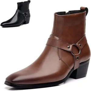 Men's Leather Chunky Heel Dress Chelsea Boots with Three Prong Buckle Fashion Classic Cap Toe Side Zipper High Heel High Top Formal Oxford Shoes Casual Business Wedding Chukka Booties