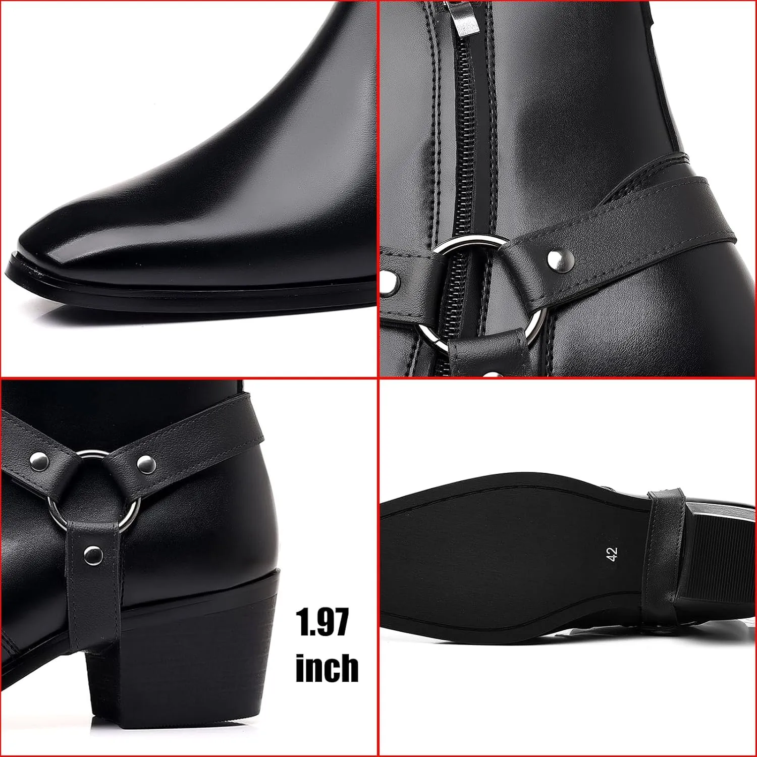 Men's Leather Chunky Heel Dress Chelsea Boots with Three Prong Buckle Fashion Classic Cap Toe Side Zipper High Heel High Top Formal Oxford Shoes Casual Business Wedding Chukka Booties