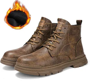 Men's Leather Lace Up Motorcycle Combat Boots Retro Round Toe lug sole Chukka Ankle Boots Casual Waterproof Oxford Dress Work Boot