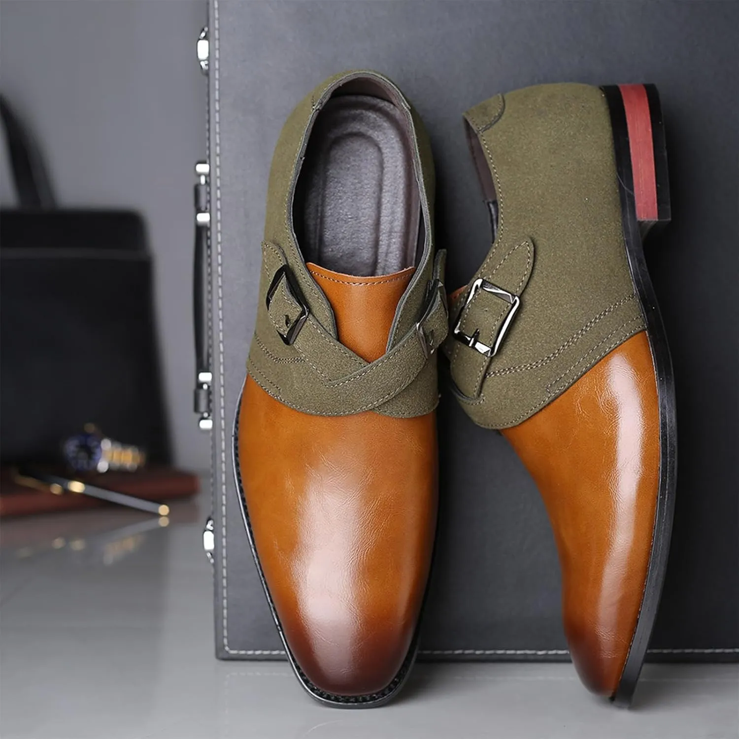 Men's Leather Oxford Dress Shoe Buckle Strap Low Top Walking Shoes Business Wedding Party Formal Shoes