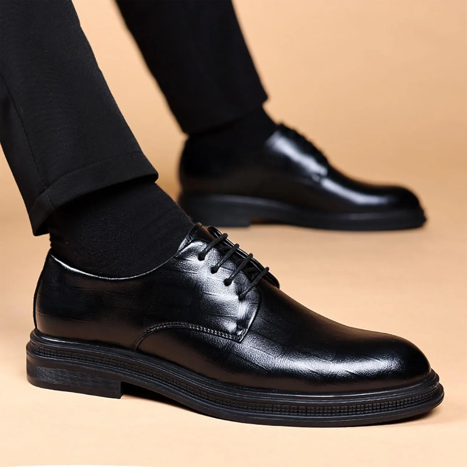 Men's Leather Shoes Lace Up Embossed Polished Toe， Vegan Leather Low Top Non-Slip Rubber Sole Non-Slip Block Heel Classic Shoes