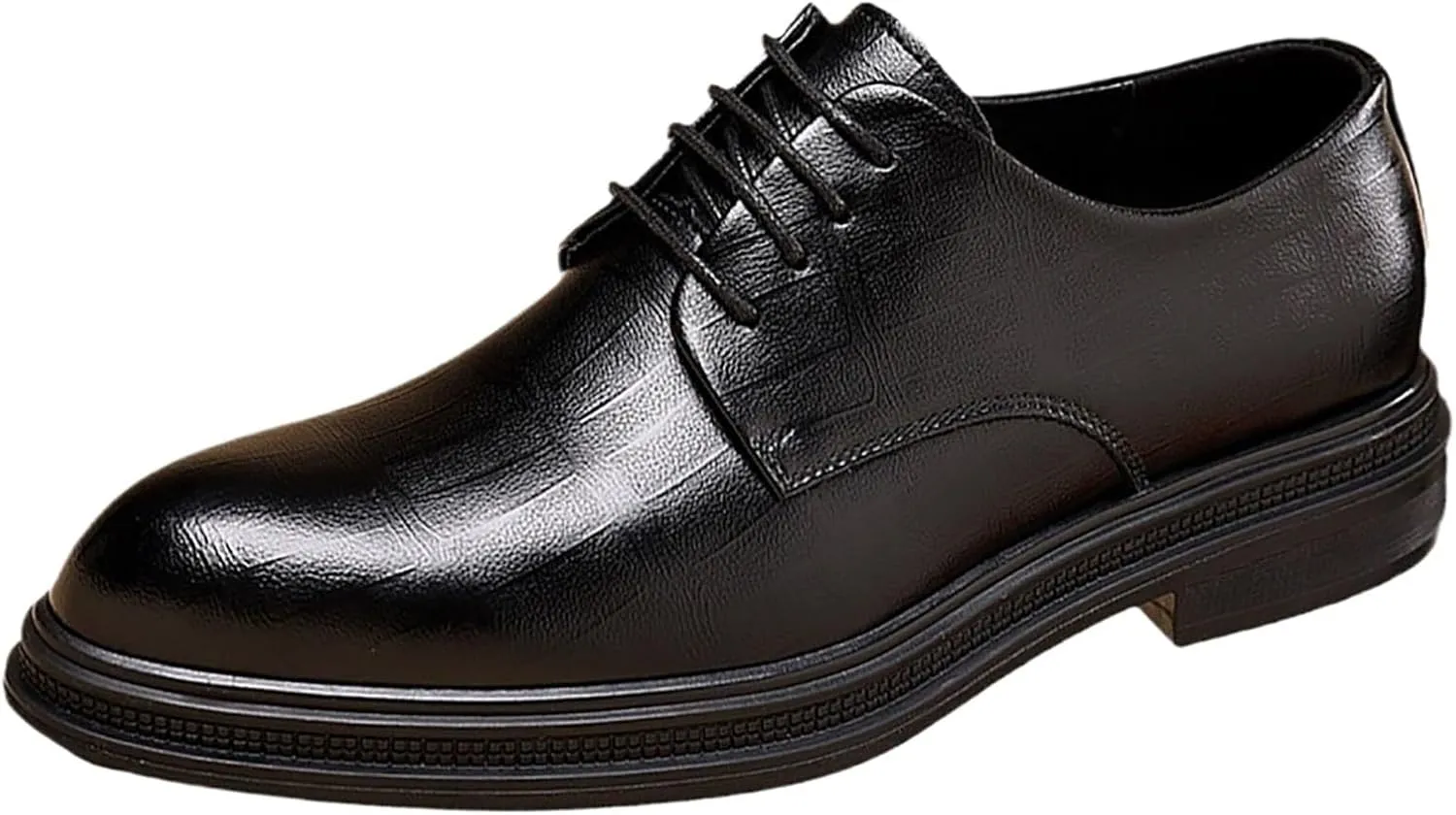Men's Leather Shoes Lace Up Embossed Polished Toe， Vegan Leather Low Top Non-Slip Rubber Sole Non-Slip Block Heel Classic Shoes