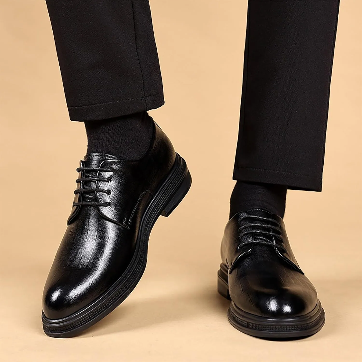 Men's Leather Shoes Lace Up Embossed Polished Toe， Vegan Leather Low Top Non-Slip Rubber Sole Non-Slip Block Heel Classic Shoes