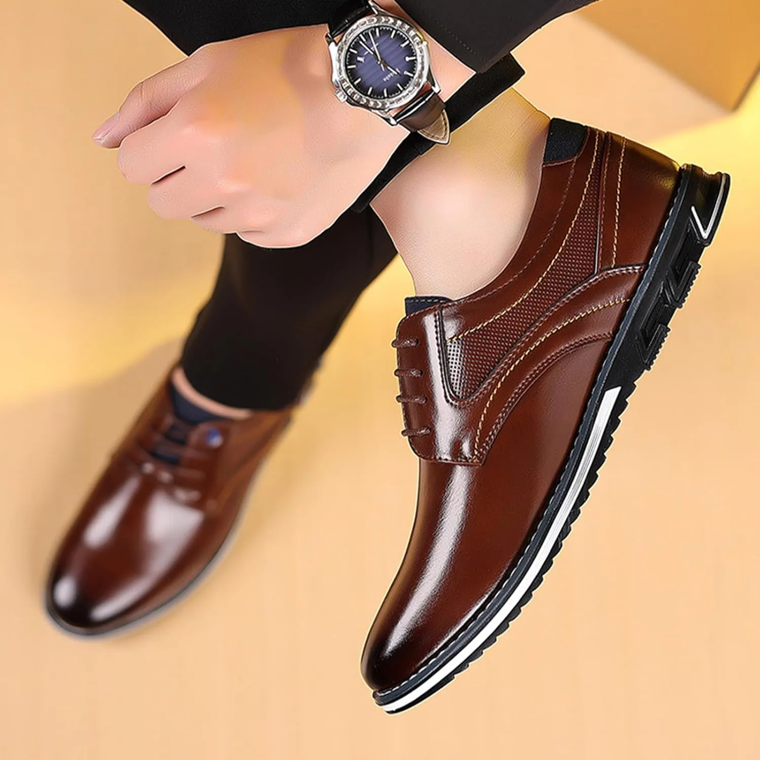 Men's Leisure Dress Oxford Sneakers Comfort Round Toe Lace Up Anti-Slip Lug Sole Classic Derby Shoes for Business Office Driving Walking Shoes