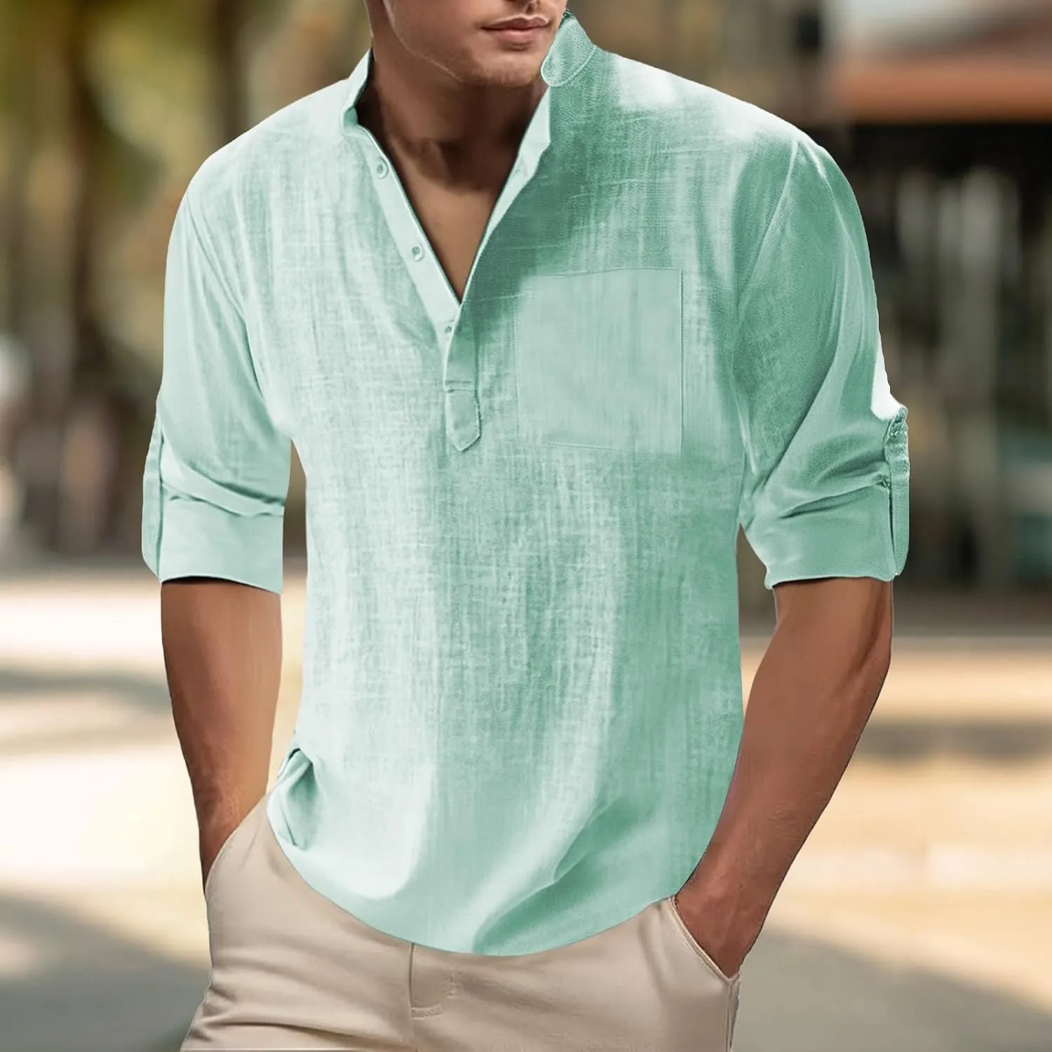 Men's Linen Henley Shirts Casual Cotton 3/4 Sleeve Regular-Fit Summer T-Shirt Breathable Quick Dry Hippie Beach Shirt