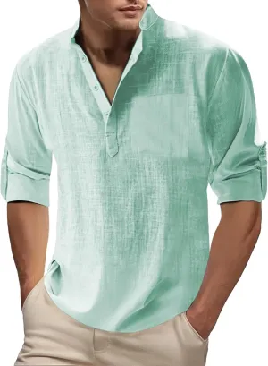 Men's Linen Henley Shirts Casual Cotton 3/4 Sleeve Regular-Fit Summer T-Shirt Breathable Quick Dry Hippie Beach Shirt