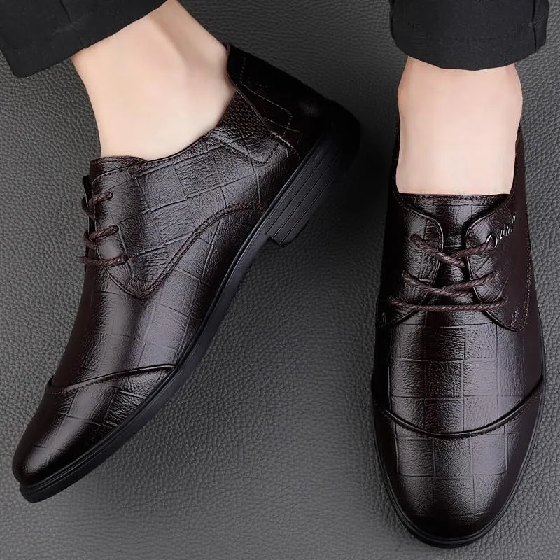 Men's Pointed Toe Dress Shoes - Formal Business Casual Oxford Shoes with Trendy Plaid Upper and Non-Slip Lug Sole