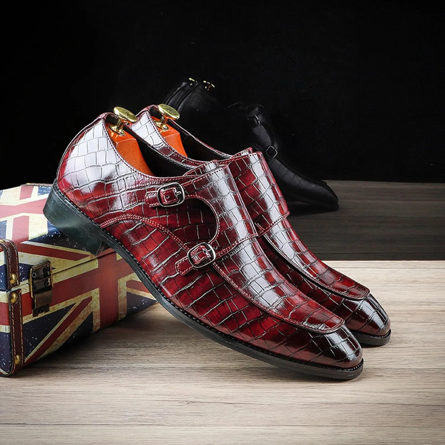 Mens Print Double Monk Strap Loafer Fashion Slip-On Dress Oxford Shoes Comfortable Round Toe Low Block Heel Formal Business Casual Leather Shoes