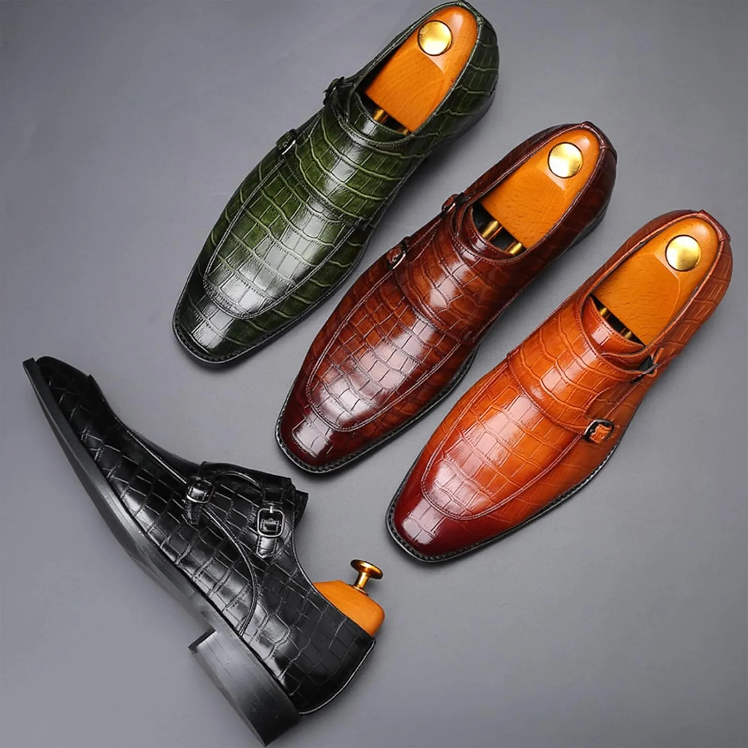 Mens Print Double Monk Strap Loafer Fashion Slip-On Dress Oxford Shoes Comfortable Round Toe Low Block Heel Formal Business Casual Leather Shoes