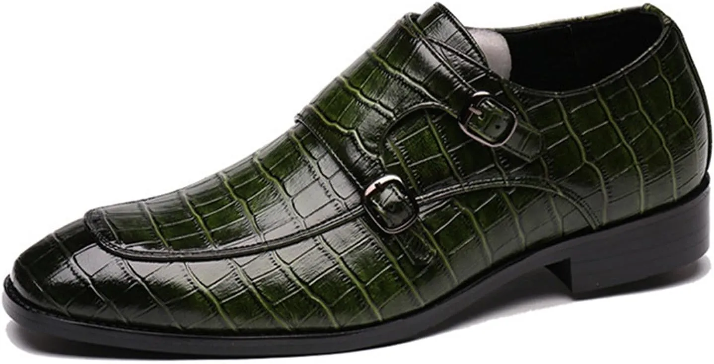 Mens Print Double Monk Strap Loafer Fashion Slip-On Dress Oxford Shoes Comfortable Round Toe Low Block Heel Formal Business Casual Leather Shoes