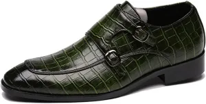 Mens Print Double Monk Strap Loafer Fashion Slip-On Dress Oxford Shoes Comfortable Round Toe Low Block Heel Formal Business Casual Leather Shoes