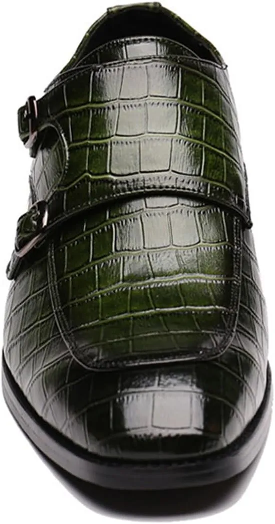 Mens Print Double Monk Strap Loafer Fashion Slip-On Dress Oxford Shoes Comfortable Round Toe Low Block Heel Formal Business Casual Leather Shoes