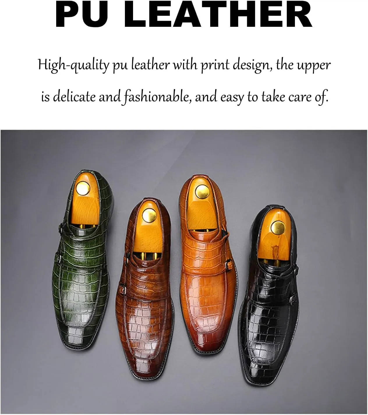 Mens Print Double Monk Strap Loafer Fashion Slip-On Dress Oxford Shoes Comfortable Round Toe Low Block Heel Formal Business Casual Leather Shoes
