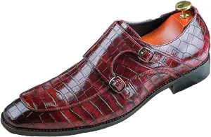 Mens Print Double Monk Strap Loafer Fashion Slip-On Dress Oxford Shoes Comfortable Round Toe Low Block Heel Formal Business Casual Leather Shoes