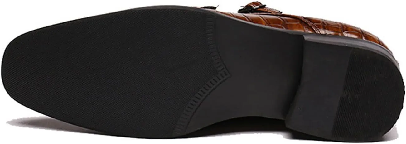 Mens Print Double Monk Strap Loafer Fashion Slip-On Dress Oxford Shoes Comfortable Round Toe Low Block Heel Formal Business Casual Leather Shoes