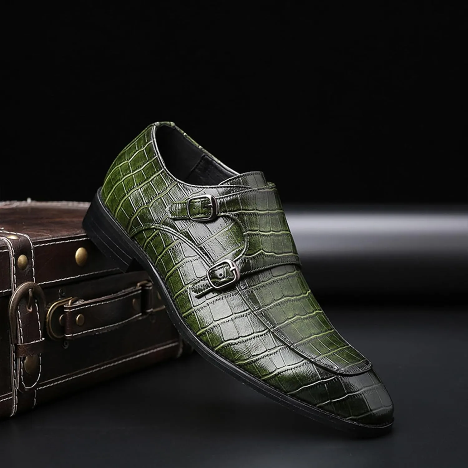 Mens Print Double Monk Strap Loafer Fashion Slip-On Dress Oxford Shoes Comfortable Round Toe Low Block Heel Formal Business Casual Leather Shoes