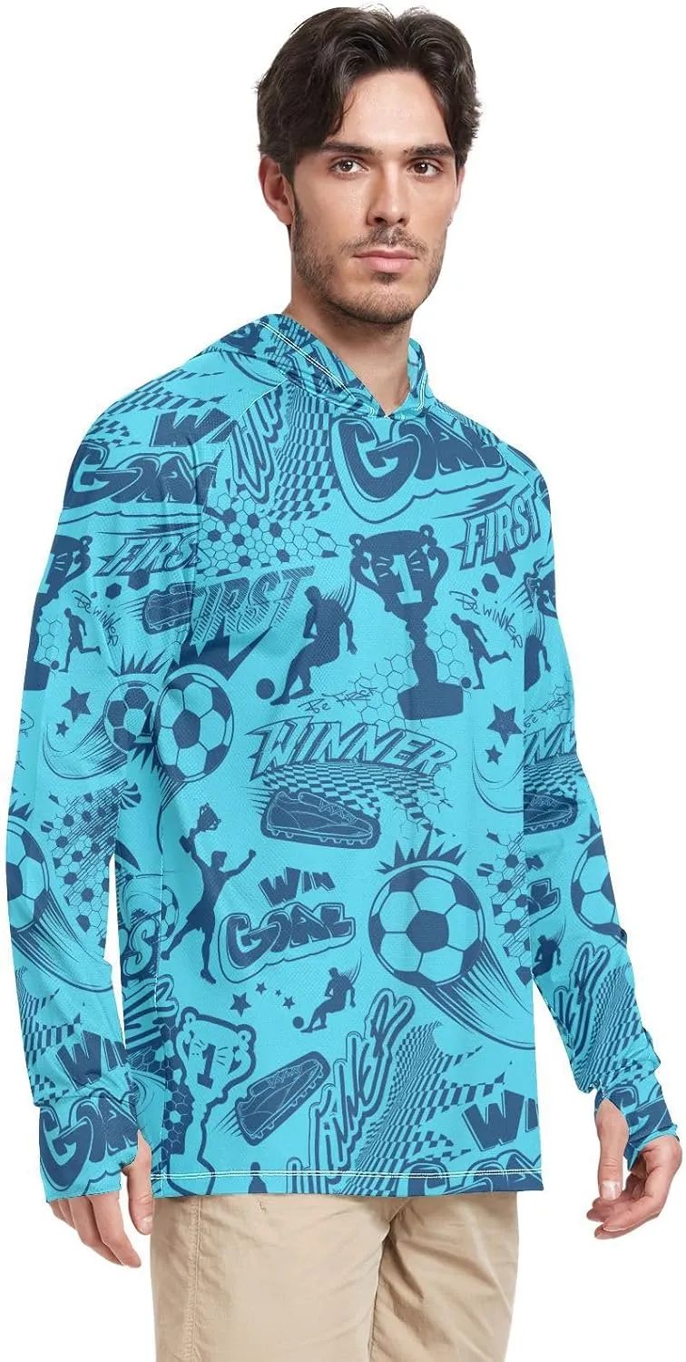 Mens Sun Hoodie Shirts UV Protection Long Sleeve Blue Football Pattern Mens Sun Shirts UPF 50 Sailing Shirts Rashguard