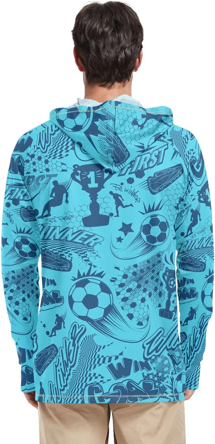 Mens Sun Hoodie Shirts UV Protection Long Sleeve Blue Football Pattern Mens Sun Shirts UPF 50 Sailing Shirts Rashguard