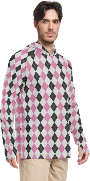 Mens Sun Protection Hoodie Long Sleeve Argyle Plaid Fishing Shirt UPF 50  Clothing Hood Shirts Rash Guard Men UV