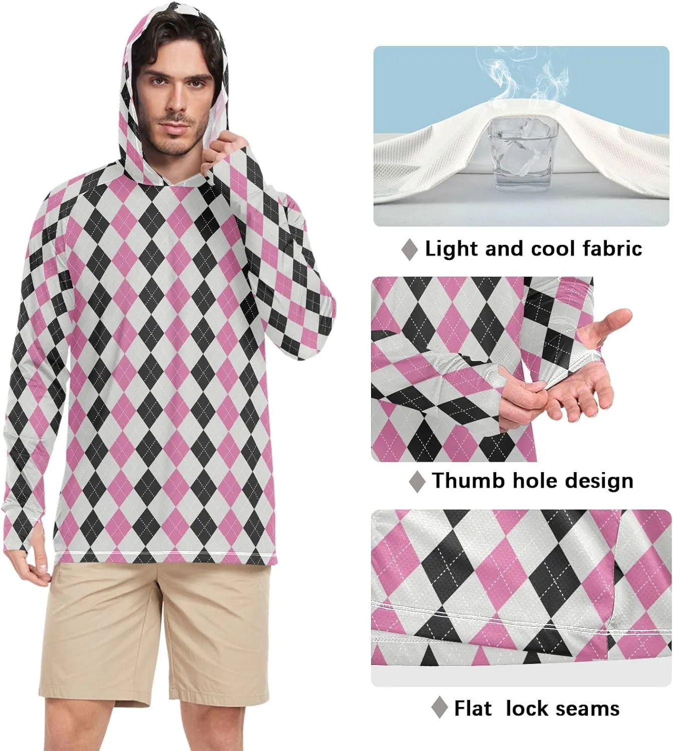 Mens Sun Protection Hoodie Long Sleeve Argyle Plaid Fishing Shirt UPF 50  Clothing Hood Shirts Rash Guard Men UV