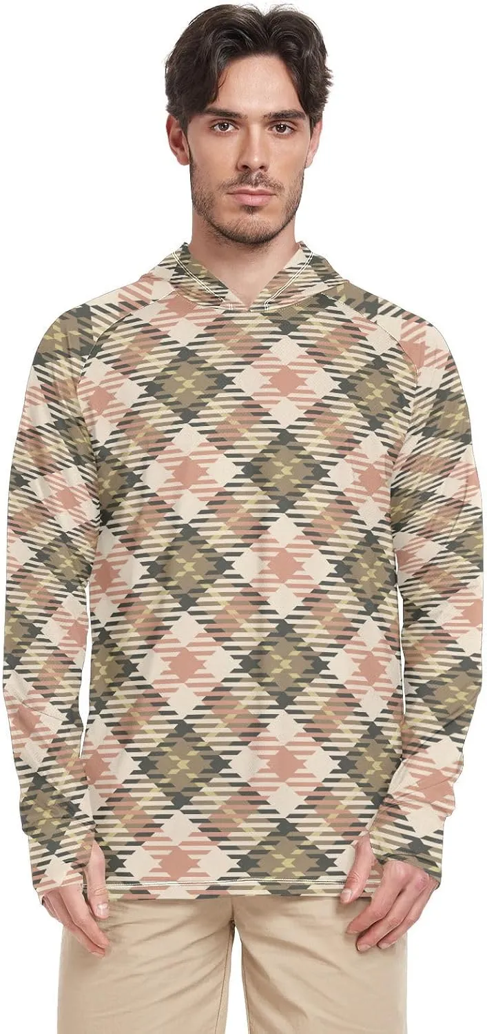 Men's Sun Protection Hoodie Long Sleeve Cream Plaid Pink Mens Sun Shirts UPF 50 Sailing Shirts Hooded Rash Guard