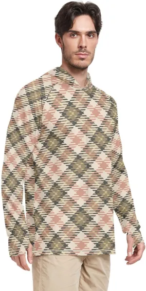 Men's Sun Protection Hoodie Long Sleeve Cream Plaid Pink Mens Sun Shirts UPF 50 Sailing Shirts Hooded Rash Guard