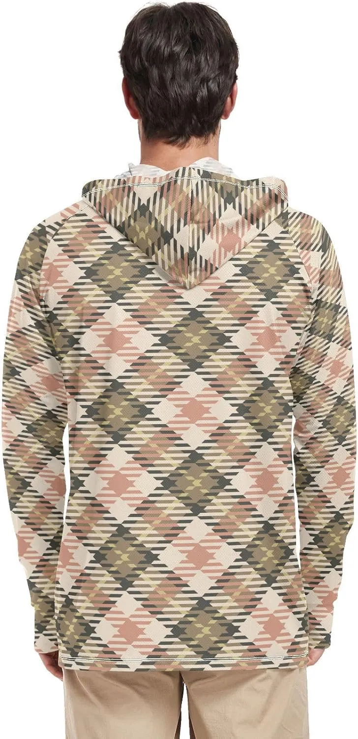 Men's Sun Protection Hoodie Long Sleeve Cream Plaid Pink Mens Sun Shirts UPF 50 Sailing Shirts Hooded Rash Guard