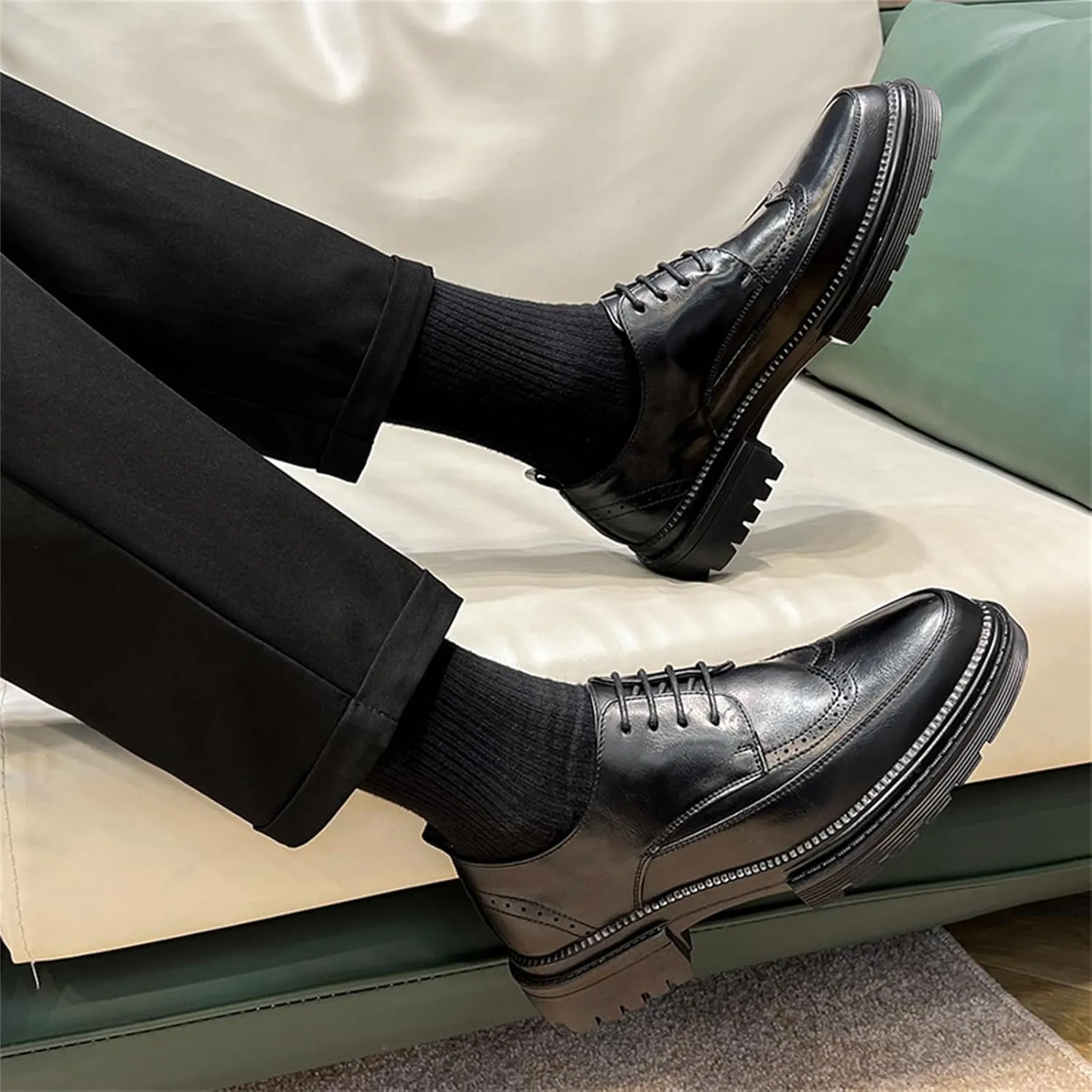 Men's Trendy Brogue Wingtip Dress Shoes Formal Business Casual Lace Up Punched Leather Oxford