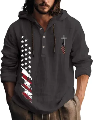Men's USA Patriotic Linen Shirts Stylish Big and Tall Loose Hooded Pullover 3/4 Sleeve Lightweight Cotton Beach Tops