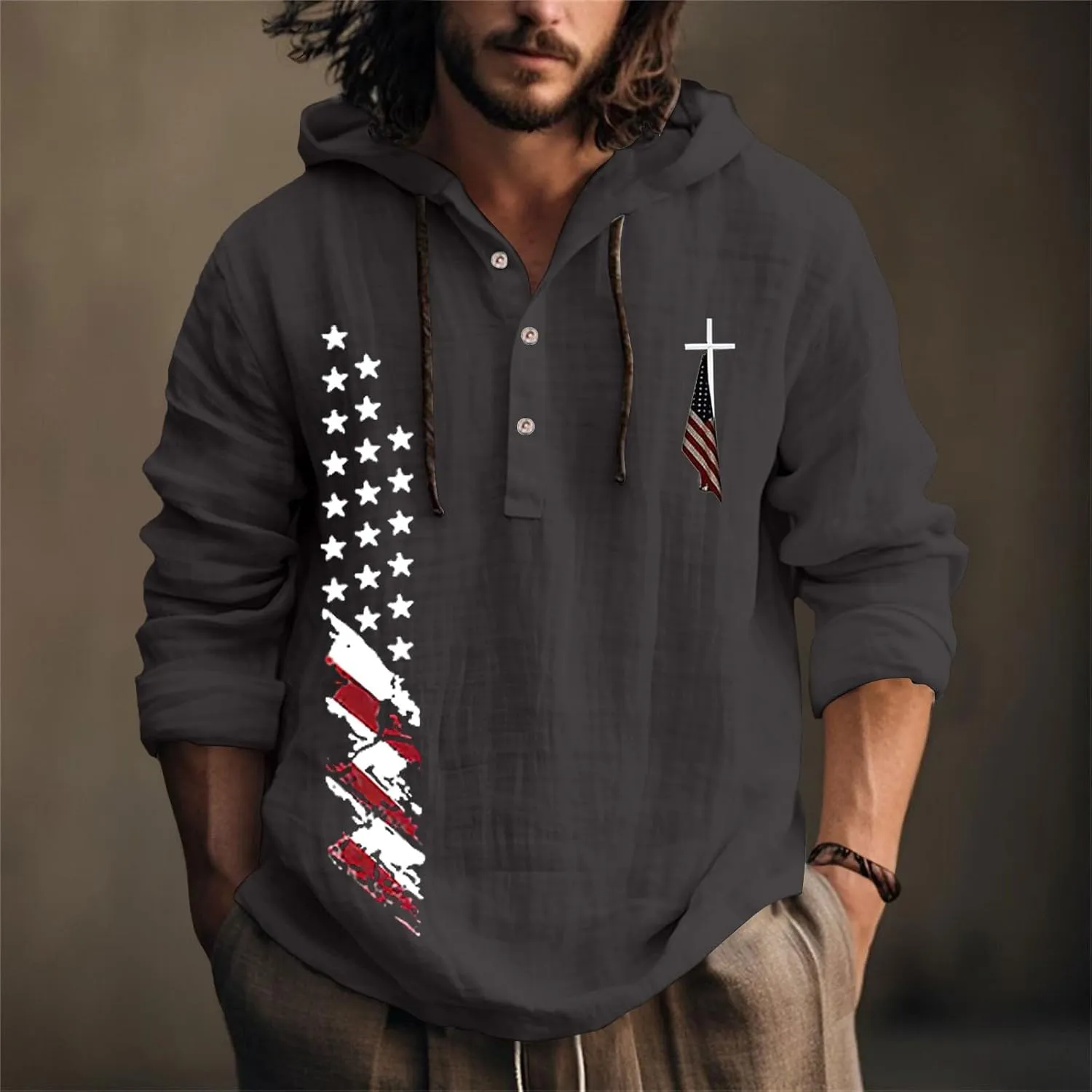 Men's USA Patriotic Linen Shirts Stylish Big and Tall Loose Hooded Pullover 3/4 Sleeve Lightweight Cotton Beach Tops