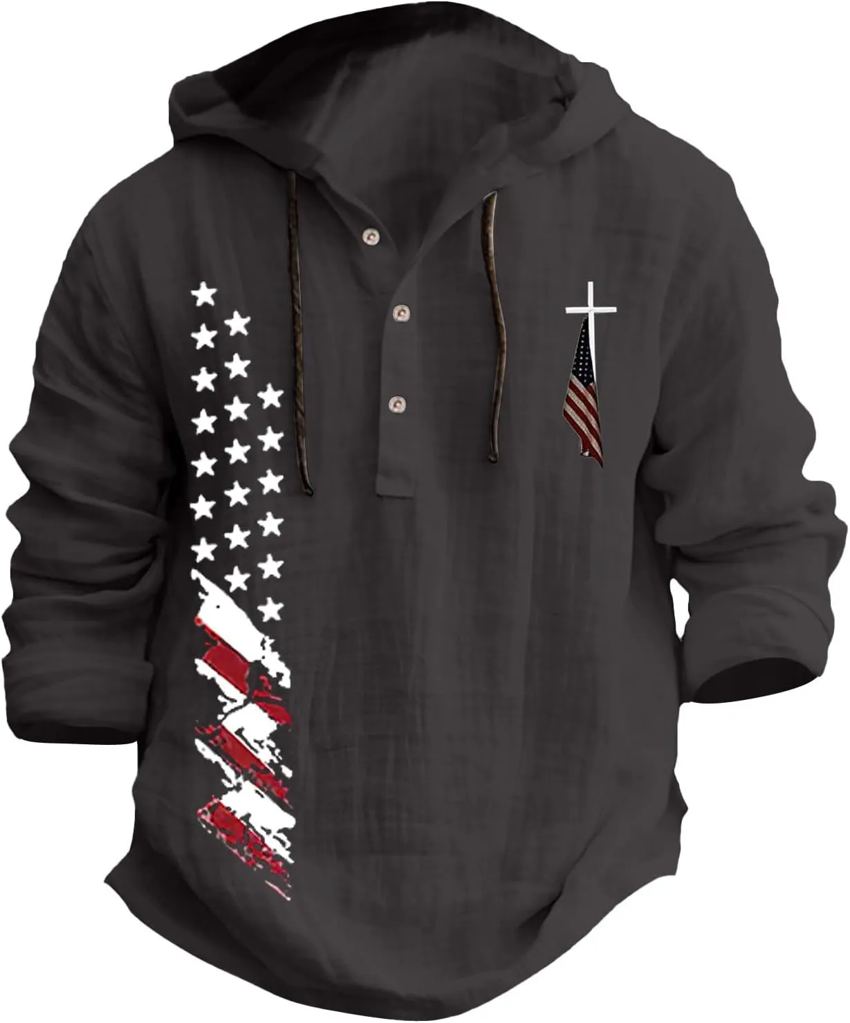Men's USA Patriotic Linen Shirts Stylish Big and Tall Loose Hooded Pullover 3/4 Sleeve Lightweight Cotton Beach Tops