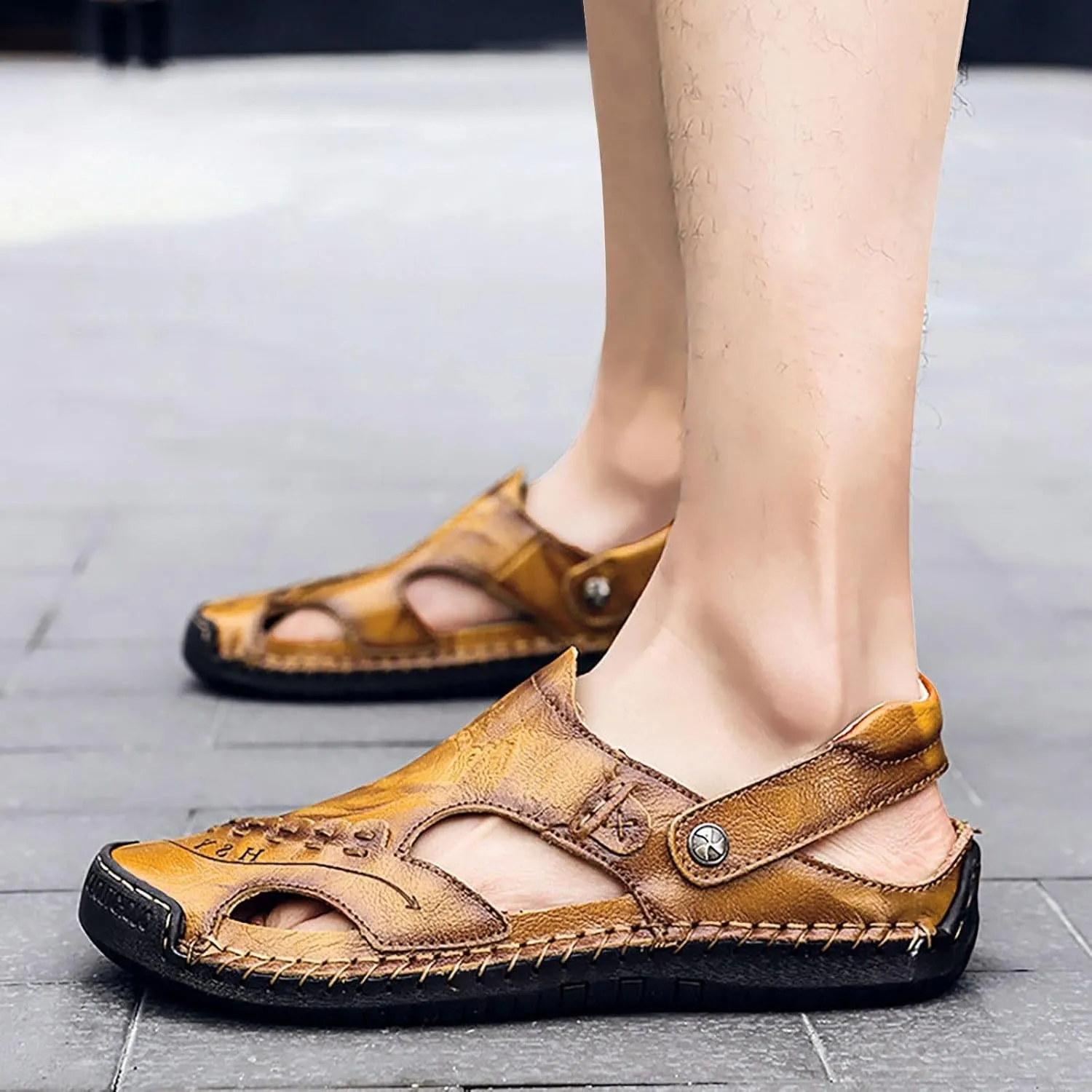 Men'S Water Sandals Men's Summer Breathable Hand Sewn Foot Covering Casual Beach Lazy PU Foreign Trade Sandals