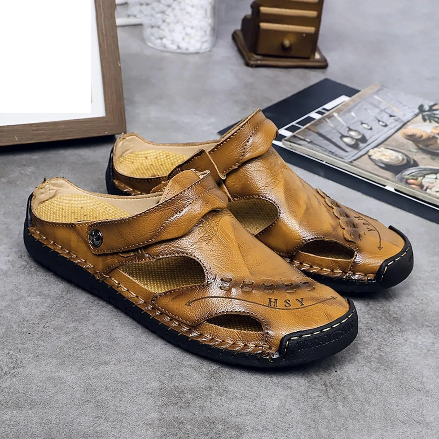 Men'S Water Sandals Men's Summer Breathable Hand Sewn Foot Covering Casual Beach Lazy PU Foreign Trade Sandals