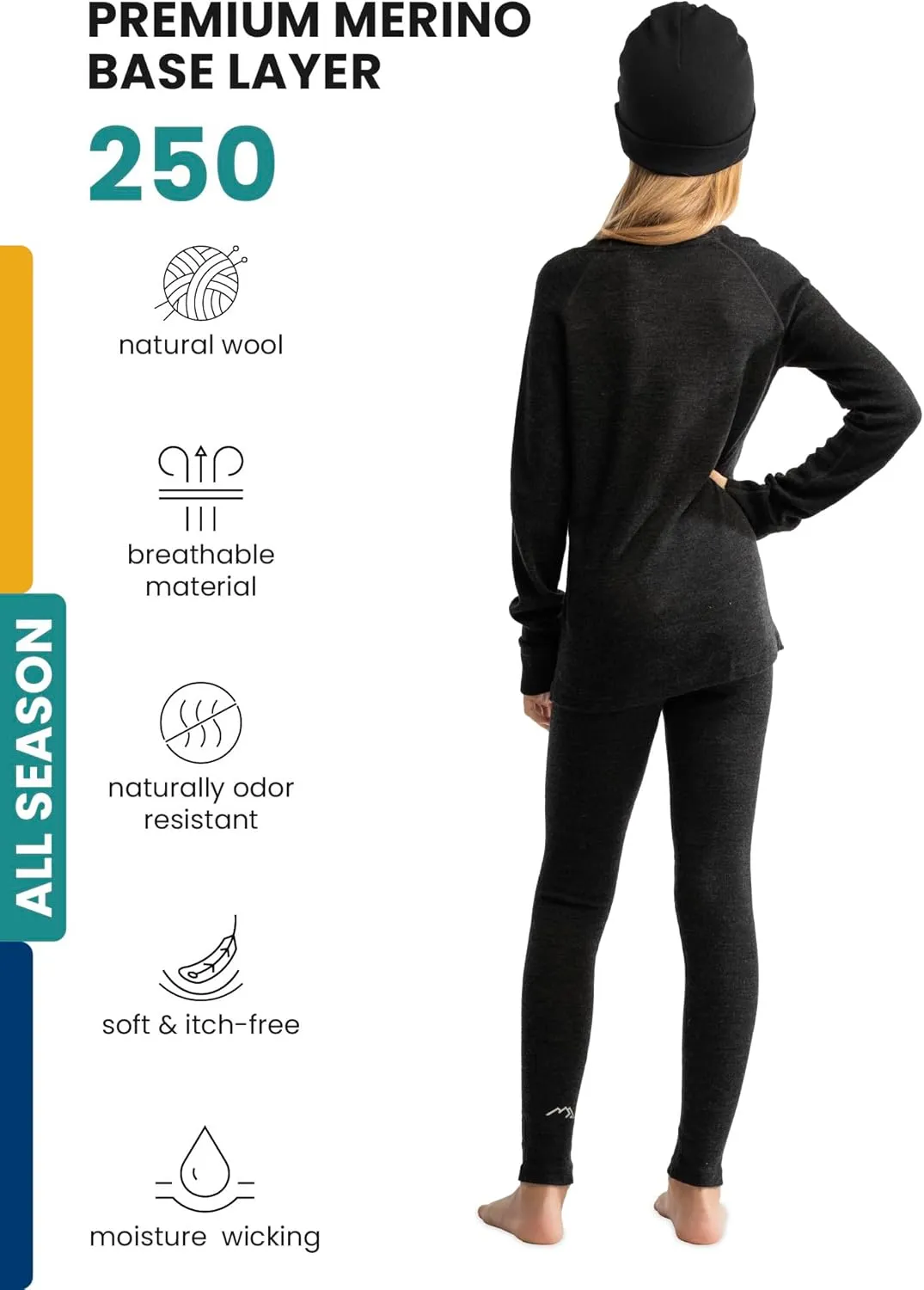 Merino Wool Base Layer Kids Set - Midweight Unisex Merino Wool Thermal Underwear For Kids Top, Bottom, Cuff Beanie