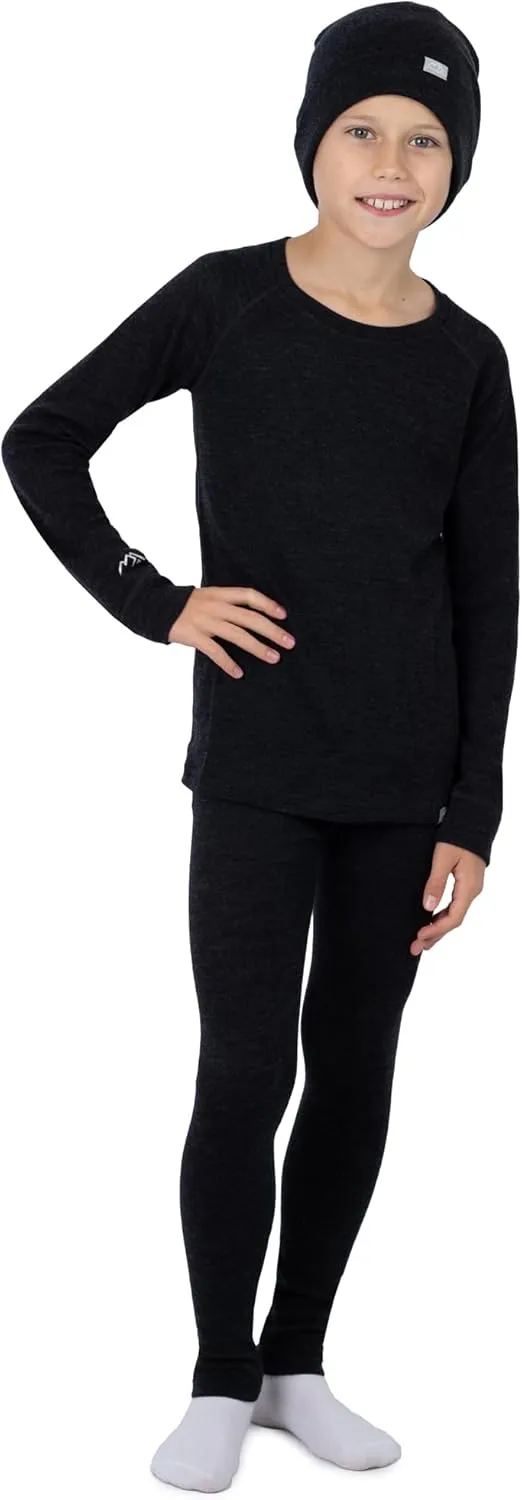 Merino Wool Base Layer Kids Set - Midweight Unisex Merino Wool Thermal Underwear For Kids Top, Bottom, Cuff Beanie