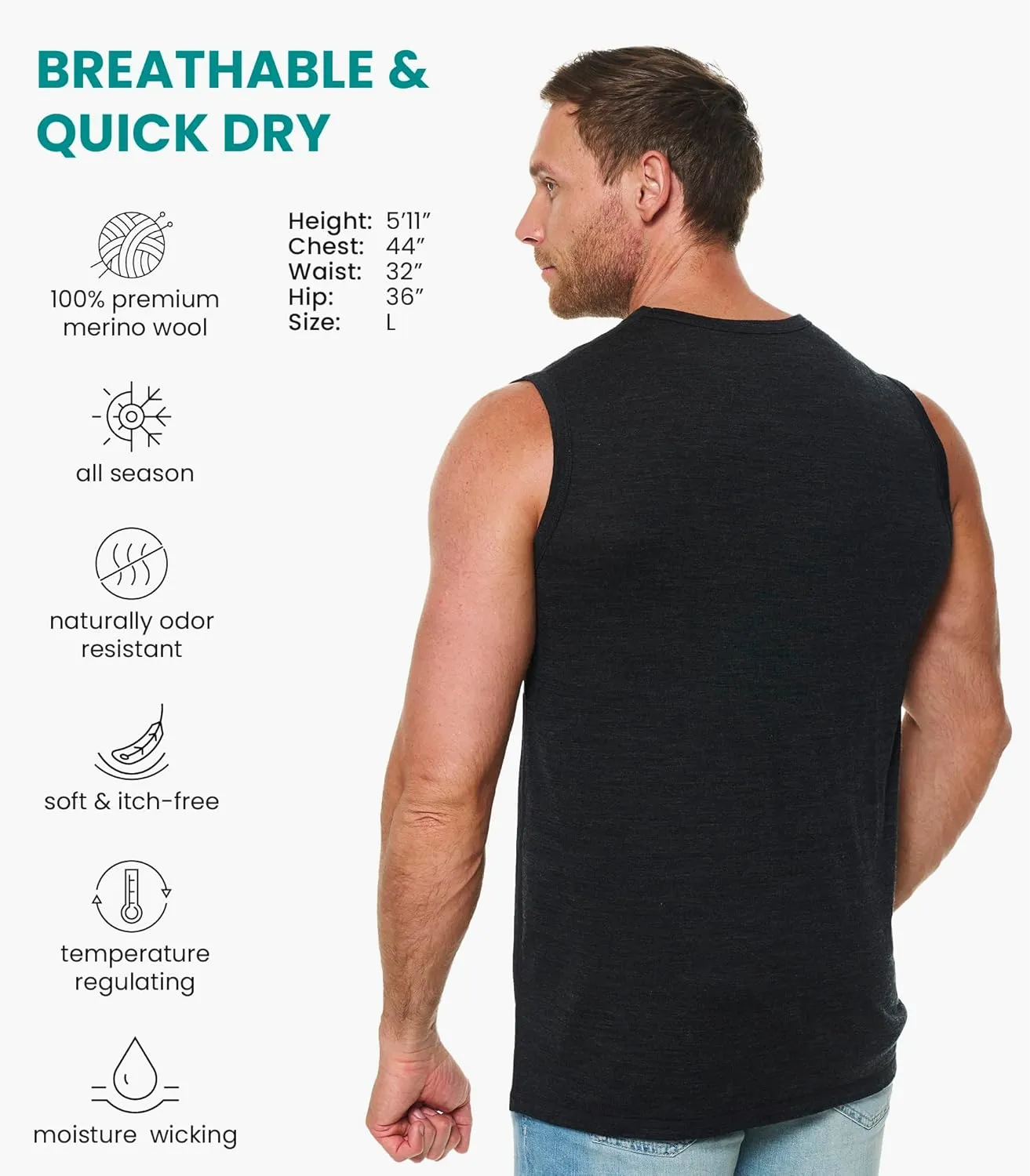 Merino Wool Tank Top Men - Active Merino Wool Undershirt Moisture Wicking Breathable Anti-Odor Lightweight Base Layer