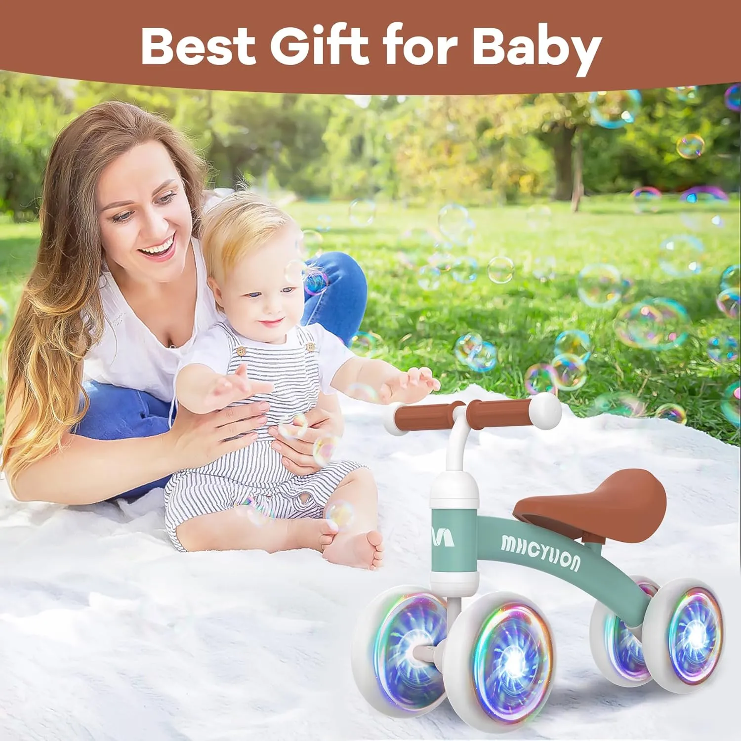 MHCYLION Shining Balance Bike Toys for Baby 1 Year Old Gifts,10-24 Months Toddler First Birthday Gift, No Pedal 4 Colorful Lighting Silence Wheels Bicycle for Little Boys Girls Walker(Shining Green)