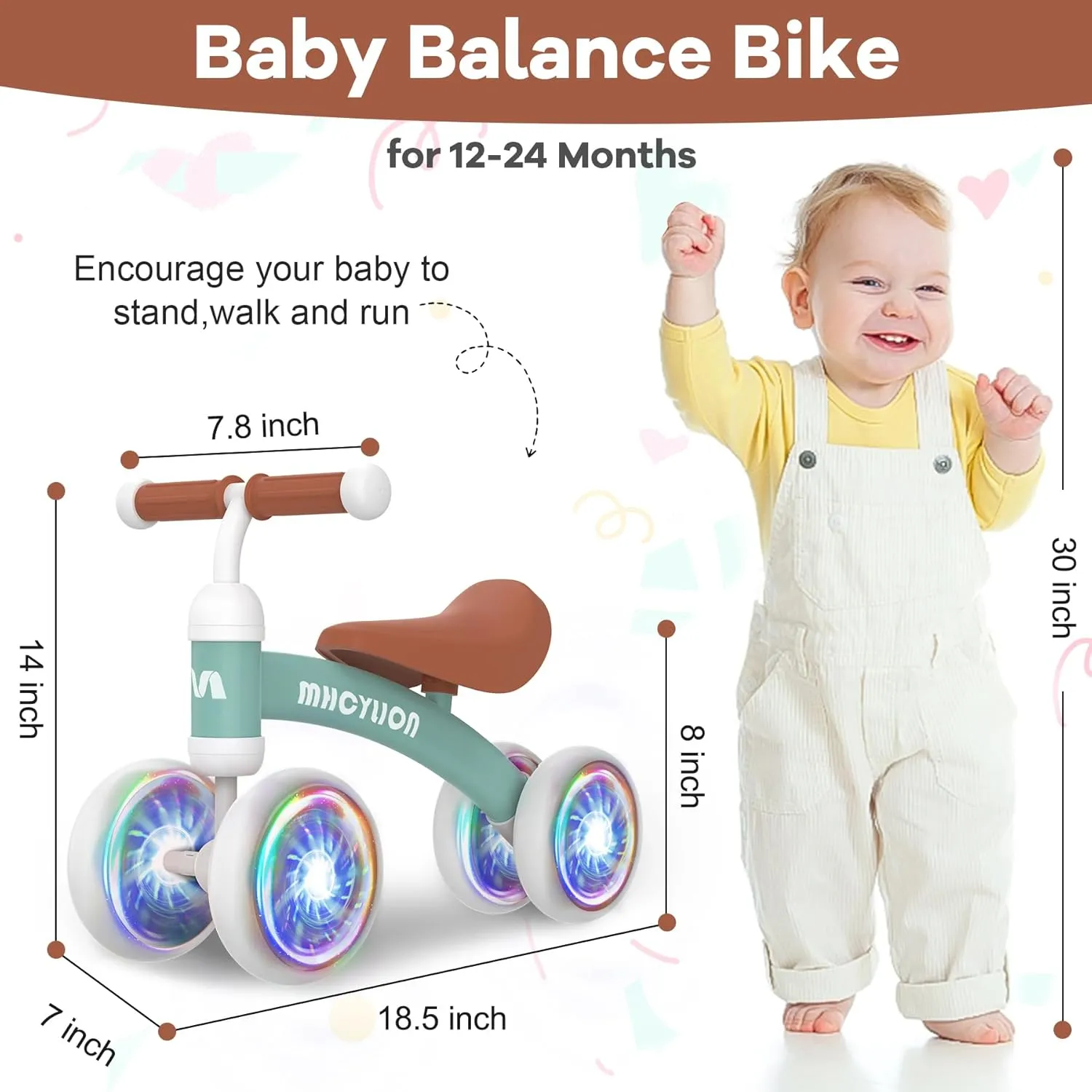 MHCYLION Shining Balance Bike Toys for Baby 1 Year Old Gifts,10-24 Months Toddler First Birthday Gift, No Pedal 4 Colorful Lighting Silence Wheels Bicycle for Little Boys Girls Walker(Shining Green)
