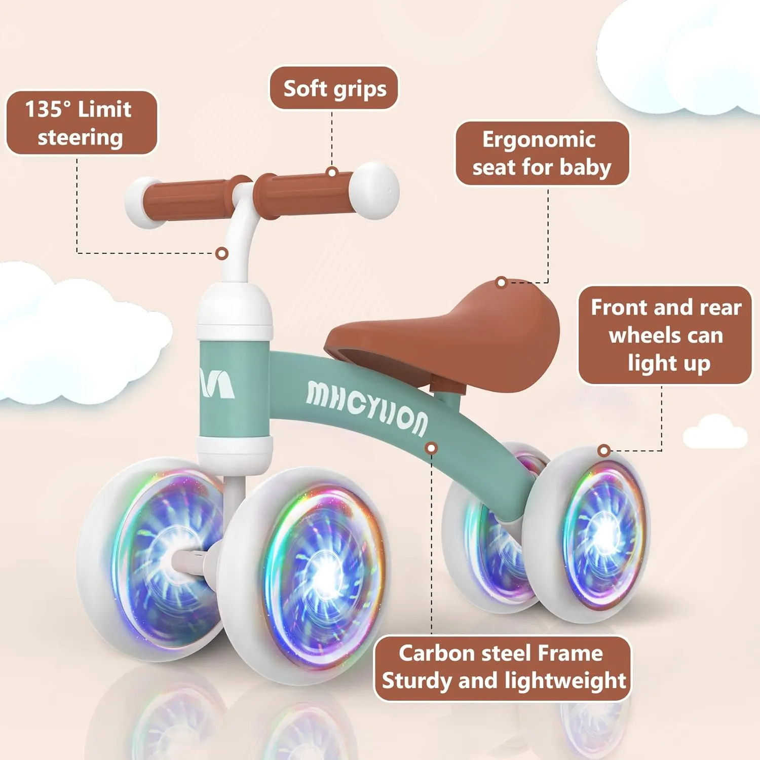 MHCYLION Shining Balance Bike Toys for Baby 1 Year Old Gifts,10-24 Months Toddler First Birthday Gift, No Pedal 4 Colorful Lighting Silence Wheels Bicycle for Little Boys Girls Walker(Shining Green)