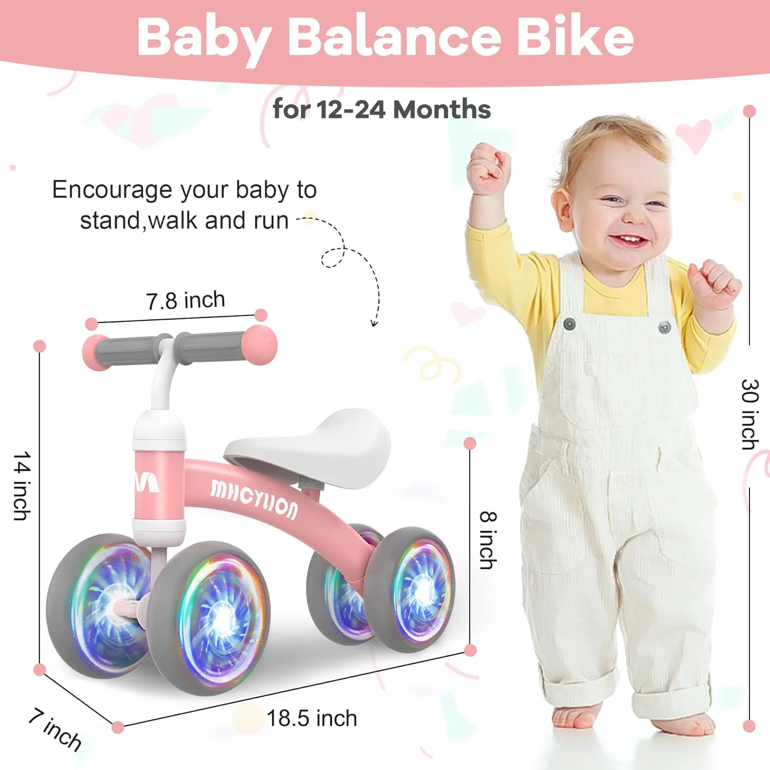 MHCYLION Shining Balance Bike Toys for Baby 1 Year Old Gifts,10-24 Months Toddler First Birthday Gift, No Pedal 4 Colorful Lighting Silence Wheels Bicycle for Little Boys Girls Walker(Shining Pink)