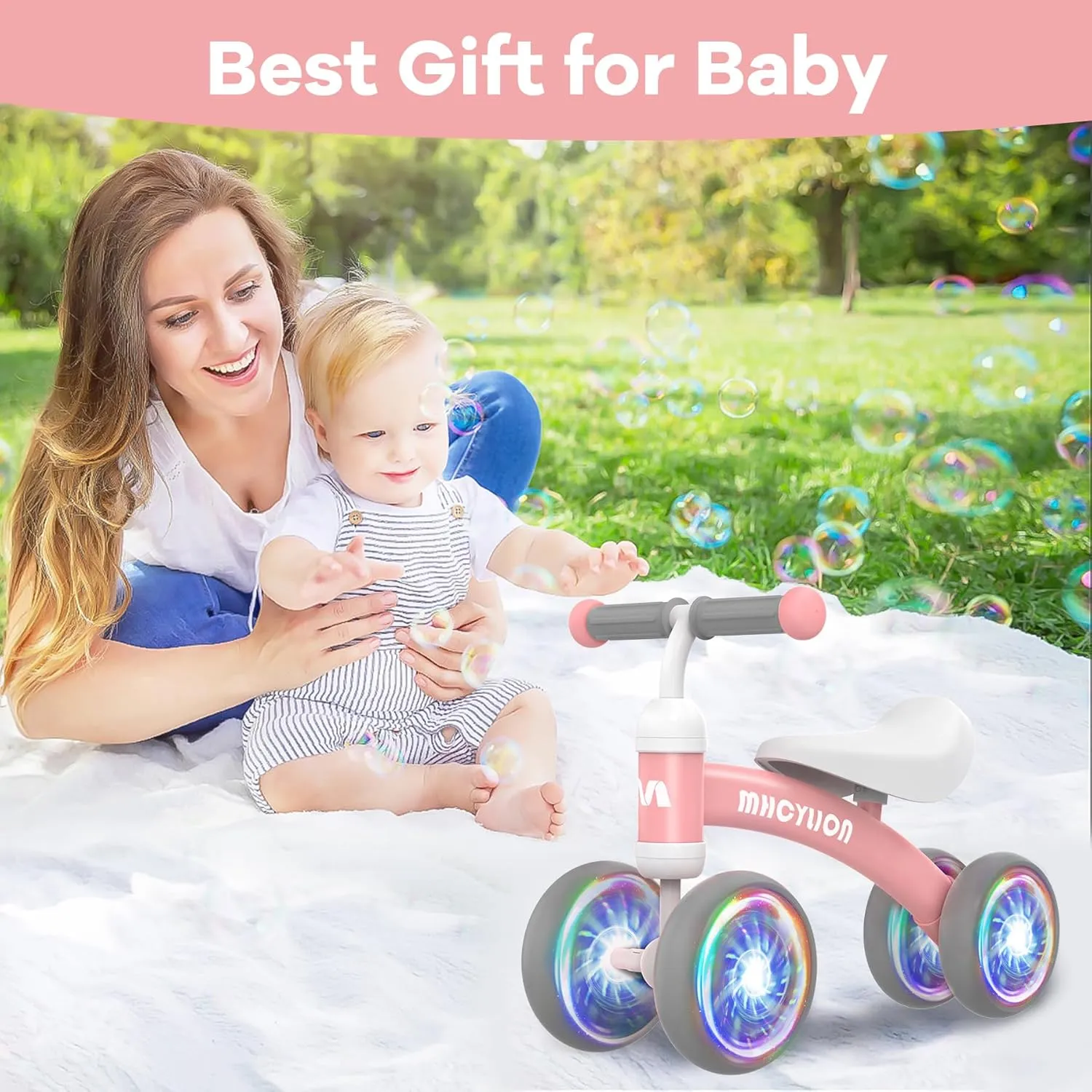 MHCYLION Shining Balance Bike Toys for Baby 1 Year Old Gifts,10-24 Months Toddler First Birthday Gift, No Pedal 4 Colorful Lighting Silence Wheels Bicycle for Little Boys Girls Walker(Shining Pink)