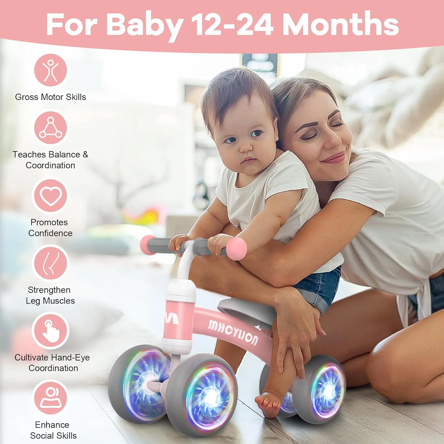 MHCYLION Shining Balance Bike Toys for Baby 1 Year Old Gifts,10-24 Months Toddler First Birthday Gift, No Pedal 4 Colorful Lighting Silence Wheels Bicycle for Little Boys Girls Walker(Shining Pink)