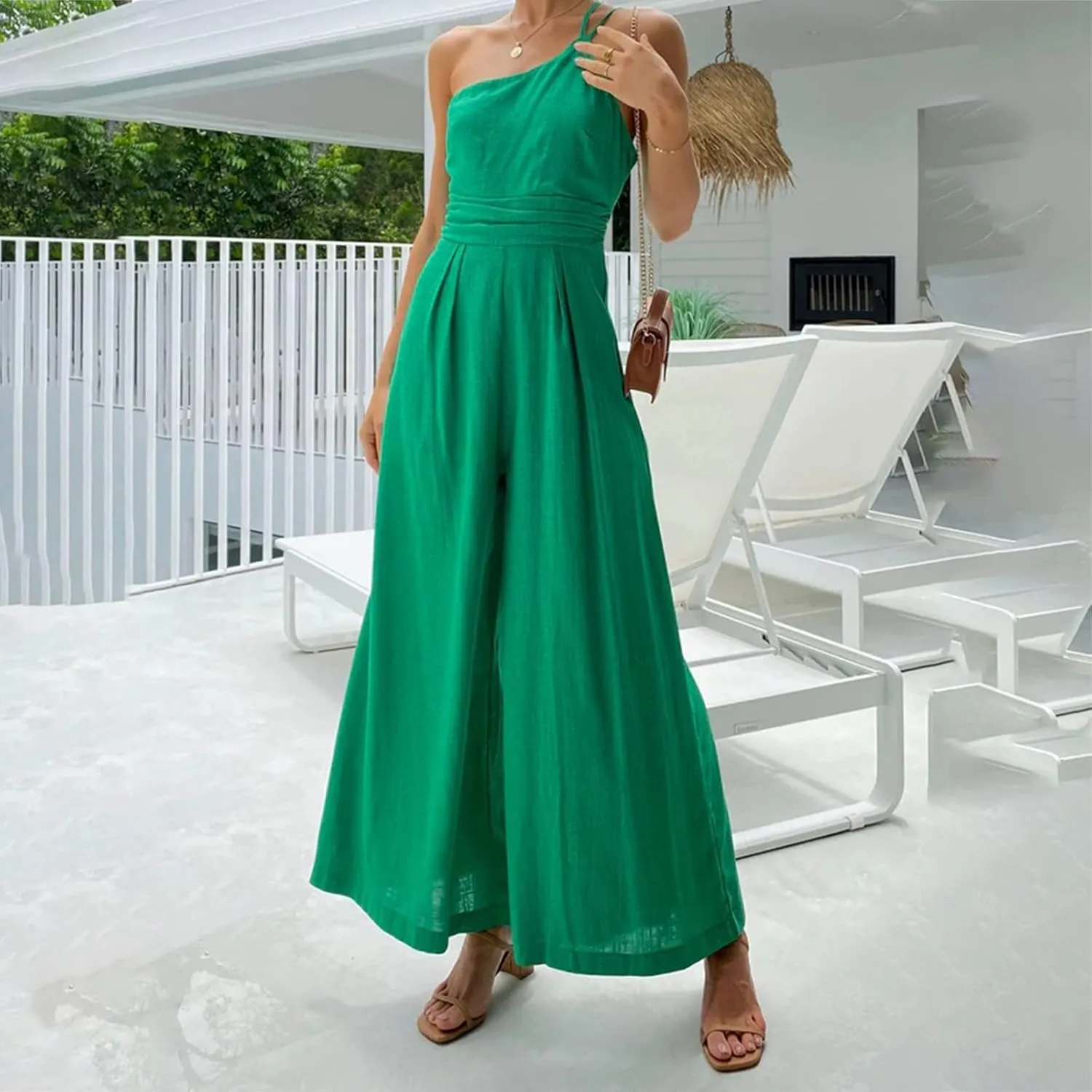 Miyaomn Summer Jumpsuits for Women Dressy One Shoulder Straps Slim Fit Ruched High Waist Wide Leg Pants Romper Casual Outfits