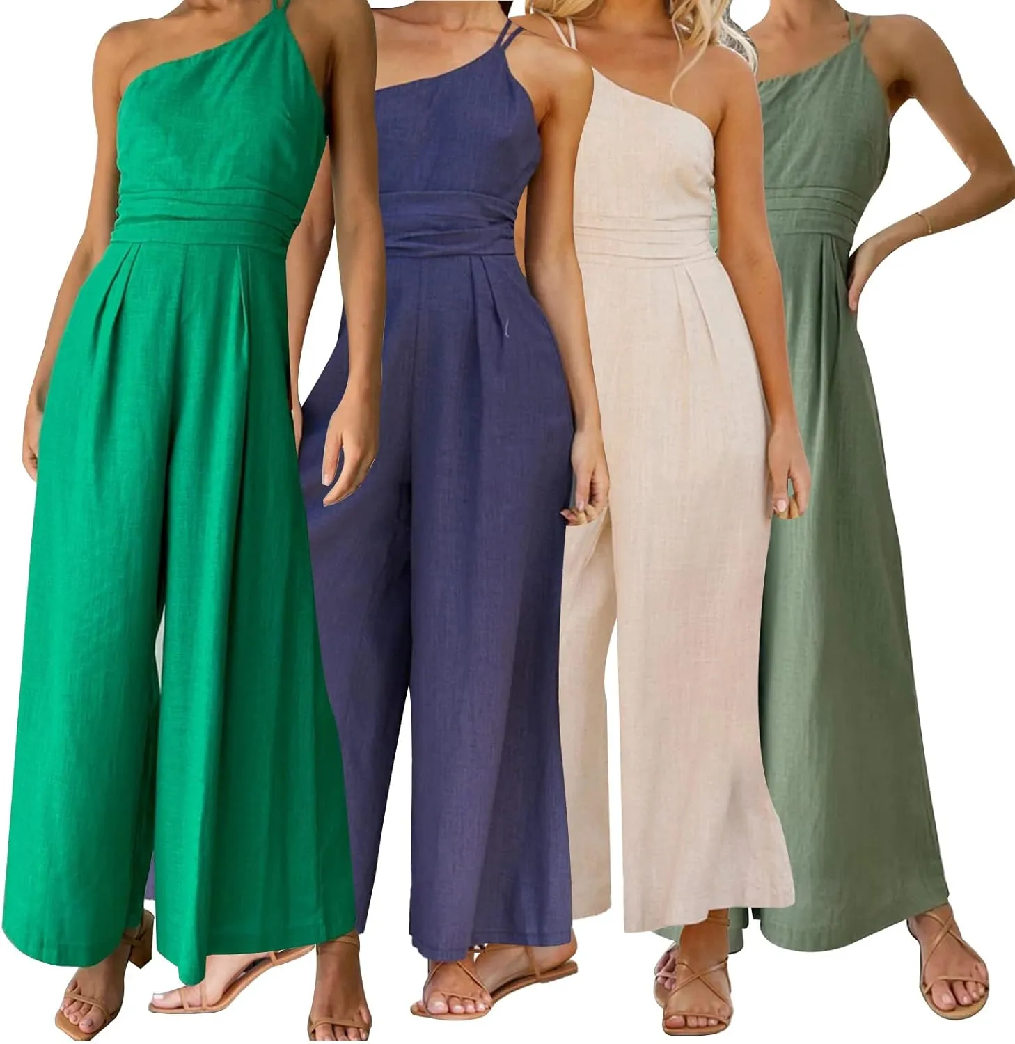 Miyaomn Summer Jumpsuits for Women Dressy One Shoulder Straps Slim Fit Ruched High Waist Wide Leg Pants Romper Casual Outfits