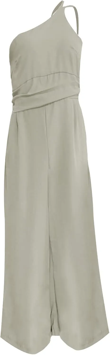 Miyaomn Summer Jumpsuits for Women Dressy One Shoulder Straps Slim Fit Ruched High Waist Wide Leg Pants Romper Casual Outfits