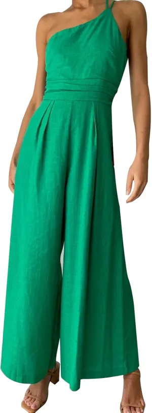 Miyaomn Summer Jumpsuits for Women Dressy One Shoulder Straps Slim Fit Ruched High Waist Wide Leg Pants Romper Casual Outfits