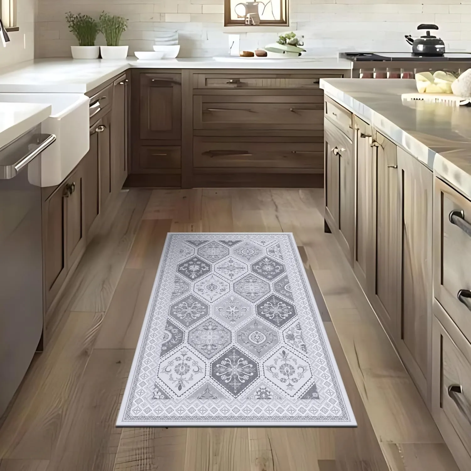 Moroccan Trellis Runner Rug - 2x6 Hallway Runner Rugs with Non-Slip Backing Low-Pile Washable 2x6 Printed Rug Runners for Hallway Kitchen Farmhouse Bathroom Laundry Room- Gray/White
