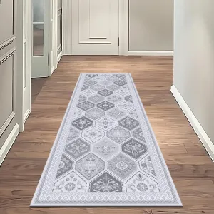 Moroccan Trellis Runner Rug - 2x6 Hallway Runner Rugs with Non-Slip Backing Low-Pile Washable 2x6 Printed Rug Runners for Hallway Kitchen Farmhouse Bathroom Laundry Room- Gray/White