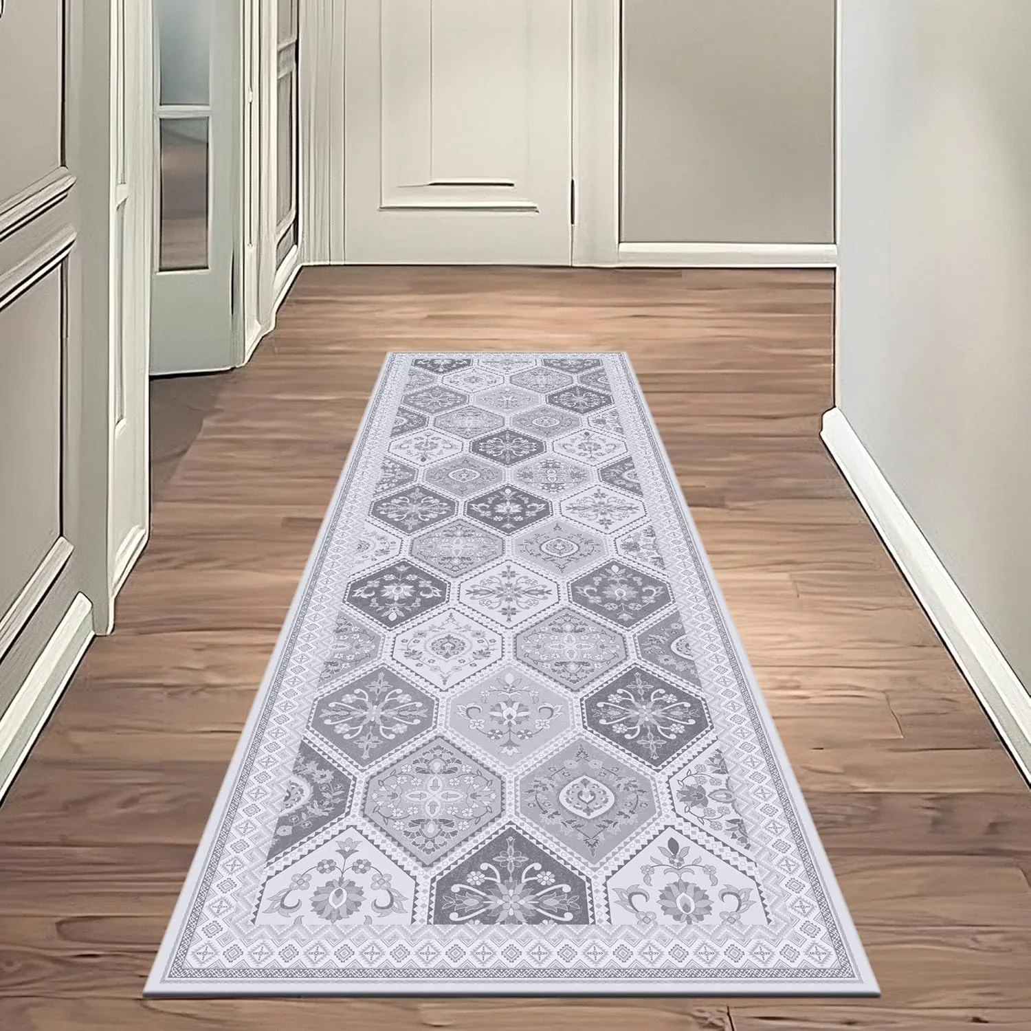 Moroccan Trellis Runner Rug - 2x6 Hallway Runner Rugs with Non-Slip Backing Low-Pile Washable 2x6 Printed Rug Runners for Hallway Kitchen Farmhouse Bathroom Laundry Room- Gray/White